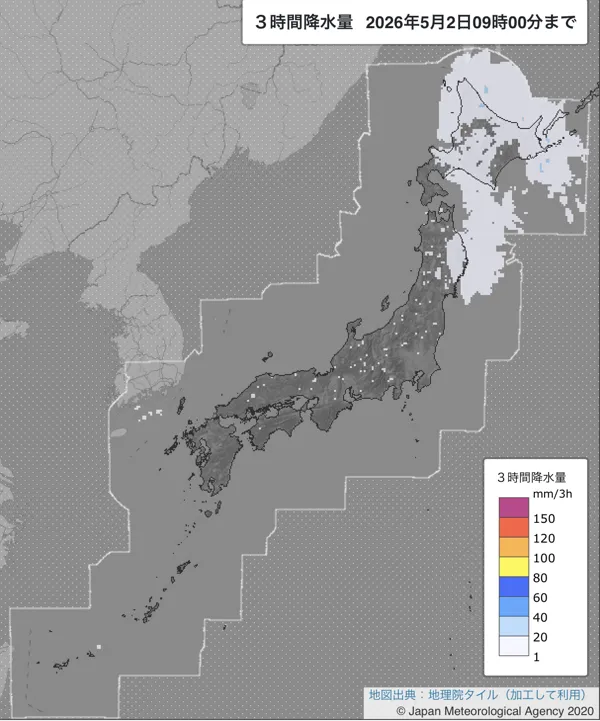 2026年5月2日6〜9時の日本周辺の3時間解析降水量