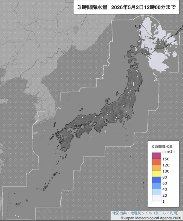 2026年5月2日9〜12時の日本周辺の3時間解析降水量