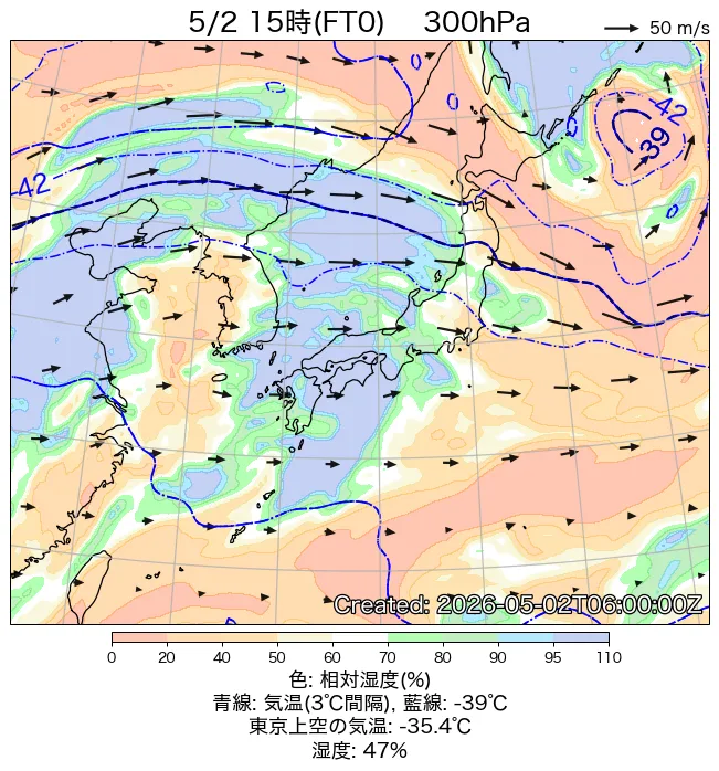 2026年5月2日の日本周辺の300hPa天気図（15時）