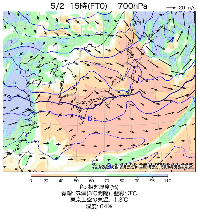 2026年5月2日の日本周辺の700hPa天気図（15時）