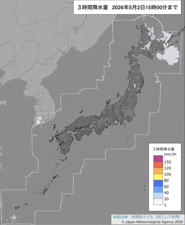 2026年5月2日12〜15時の日本周辺の3時間解析降水量