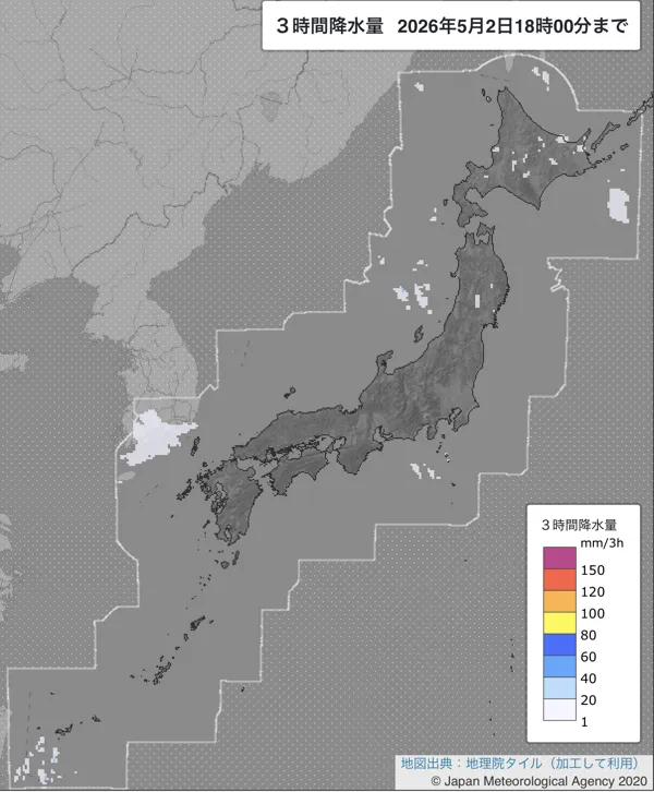 2026年5月2日15〜18時の日本周辺の3時間解析降水量