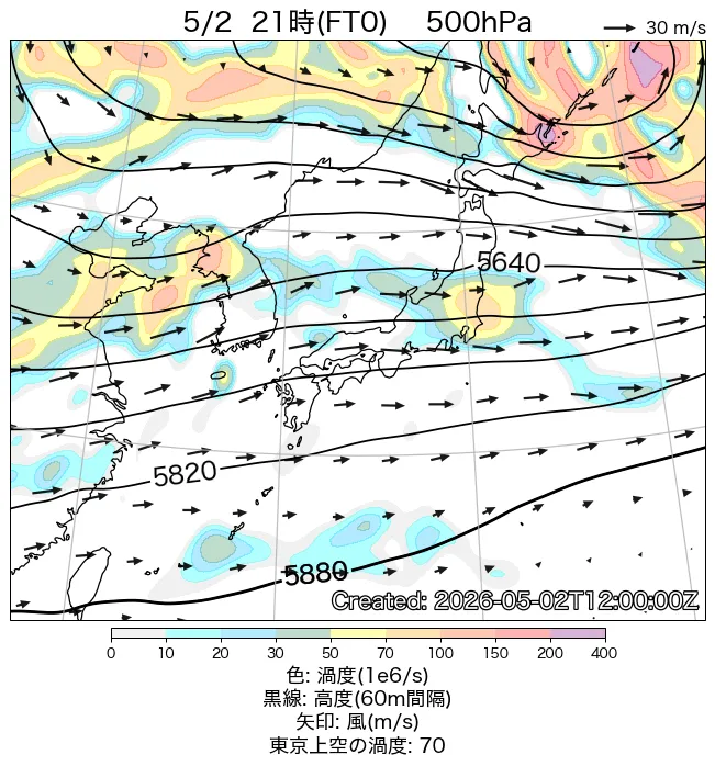 2026年5月2日の日本周辺の500hPa天気図（21時）
