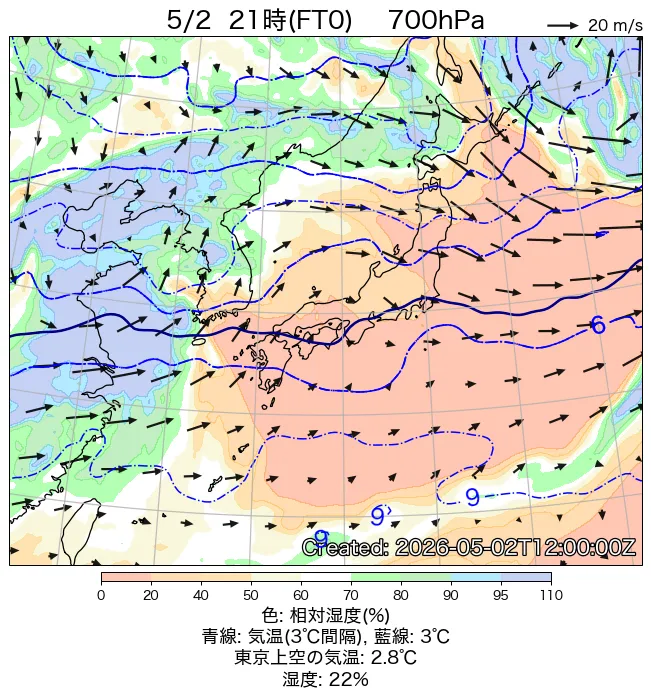 2026年5月2日の日本周辺の700hPa天気図（21時）