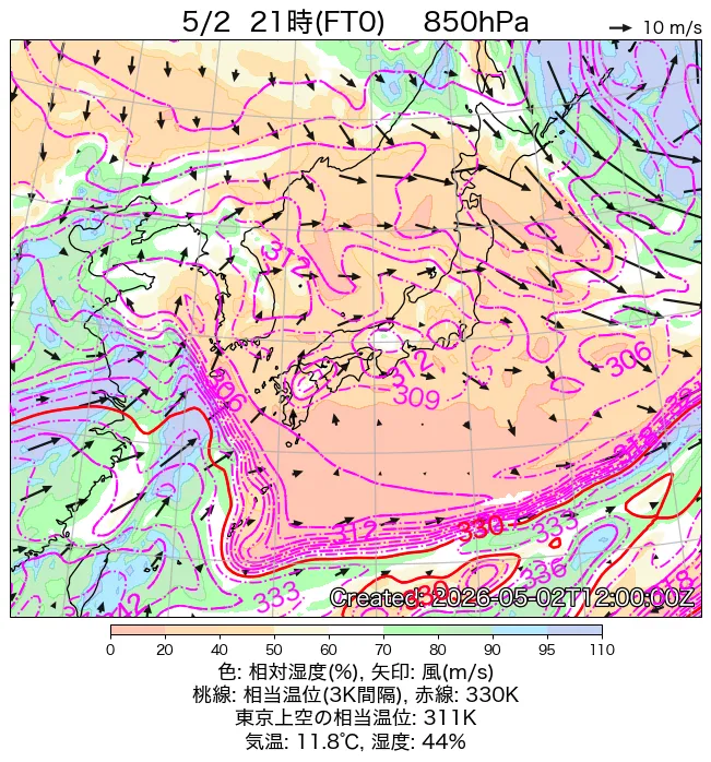 2026年5月2日の日本周辺の850hPa天気図（21時）