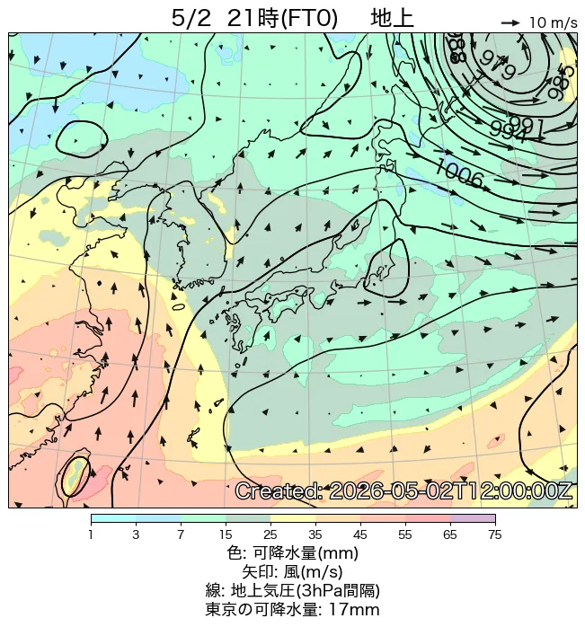 2026年5月2日の日本周辺の地上天気図（21時）