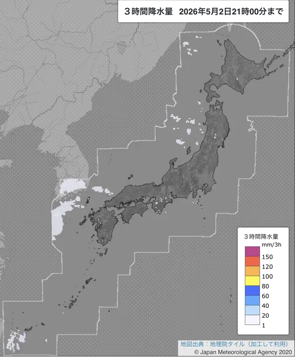 2026年5月2日18〜21時の日本周辺の3時間解析降水量