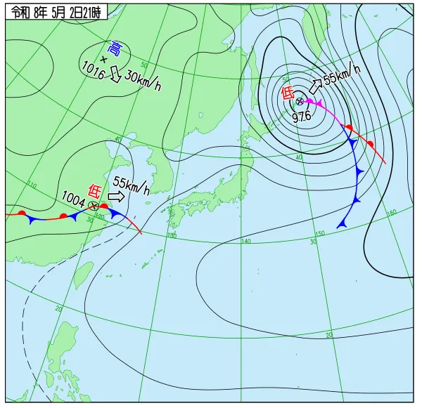 2026年5月2日21時の速報天気図
