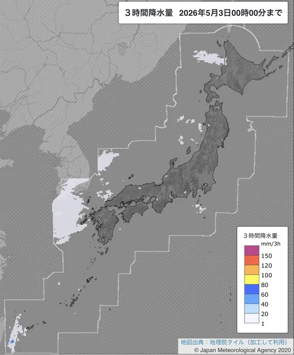2026年5月2日21〜24時の日本周辺の3時間解析降水量