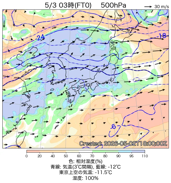 2026年5月3日の日本周辺の500hPa天気図（3時）