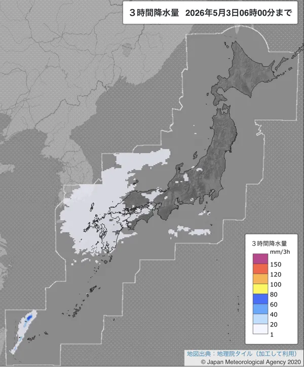 2026年5月3日3〜6時の日本周辺の3時間解析降水量