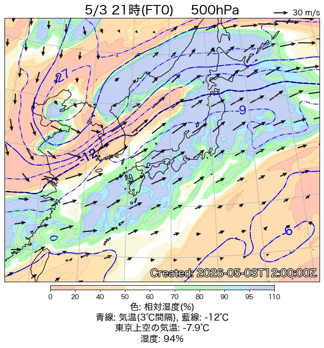 2026年5月3日の日本周辺の500hPa天気図（21時）