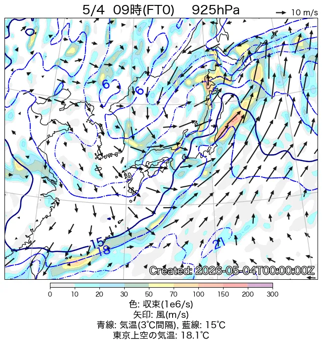 2026年5月4日の日本周辺の925hPa天気図（9時）