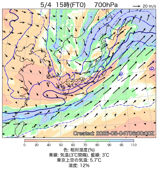 2026年5月4日の日本周辺の700hPa天気図（15時）