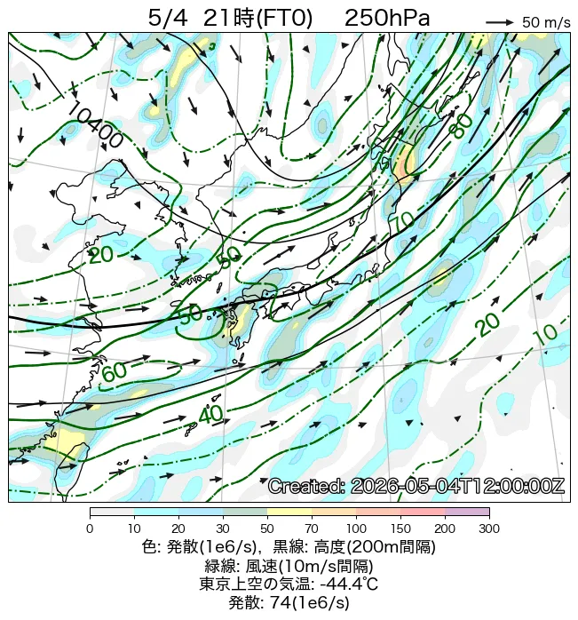 2026年5月4日の日本周辺の250hPa天気図（21時）