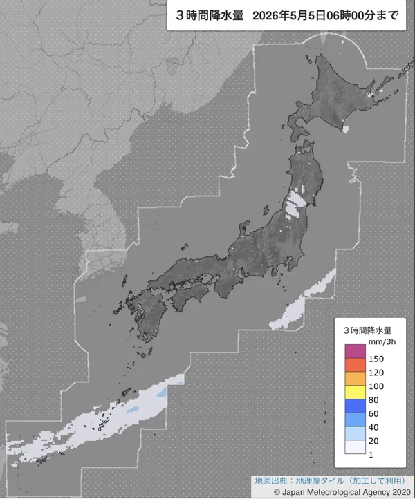 2026年5月5日3〜6時の日本周辺の3時間解析降水量