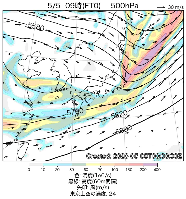 2026年5月5日の日本周辺の500hPa天気図（9時）