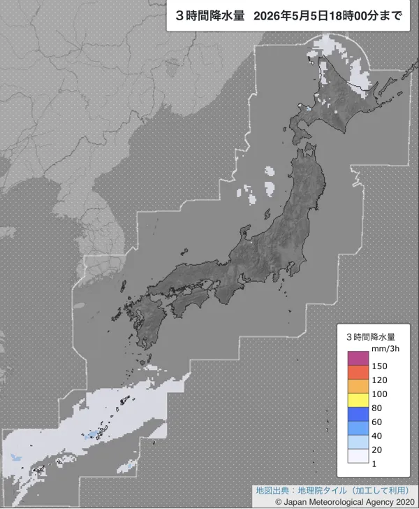 2026年5月5日15〜18時の日本周辺の3時間解析降水量