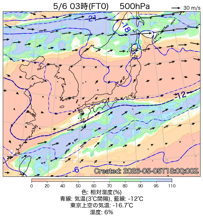 2026年5月6日の日本周辺の500hPa天気図（3時）