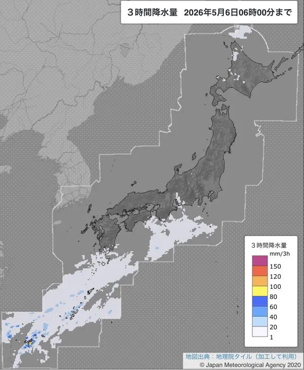 2026年5月6日3〜6時の日本周辺の3時間解析降水量