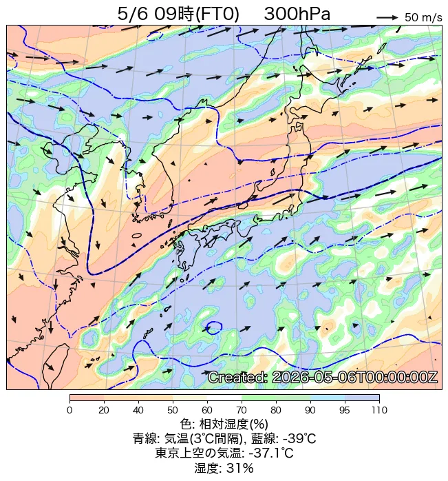 2026年5月6日の日本周辺の300hPa天気図（9時）