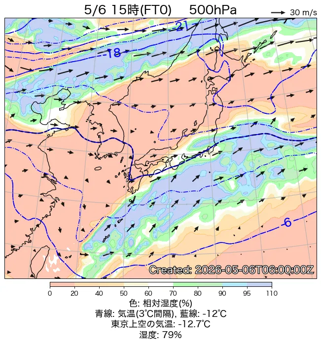 2026年5月6日の日本周辺の500hPa天気図（15時）