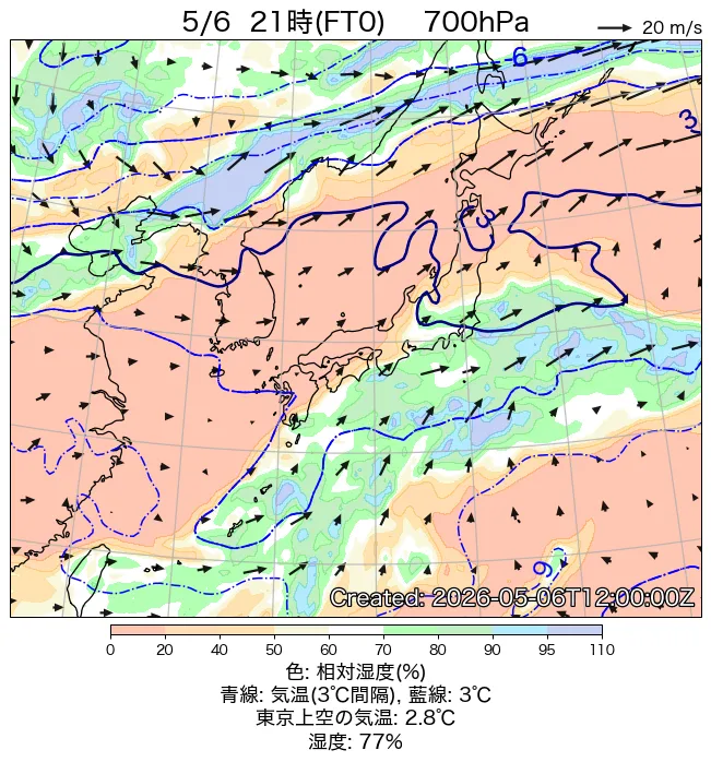 2026年5月6日の日本周辺の700hPa天気図（21時）