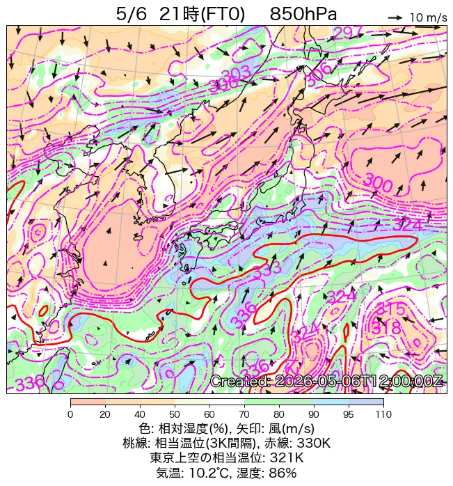 2026年5月6日の日本周辺の850hPa天気図（21時）