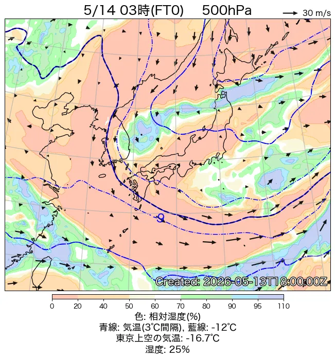 2026年5月14日の日本周辺の500hPa天気図（3時）