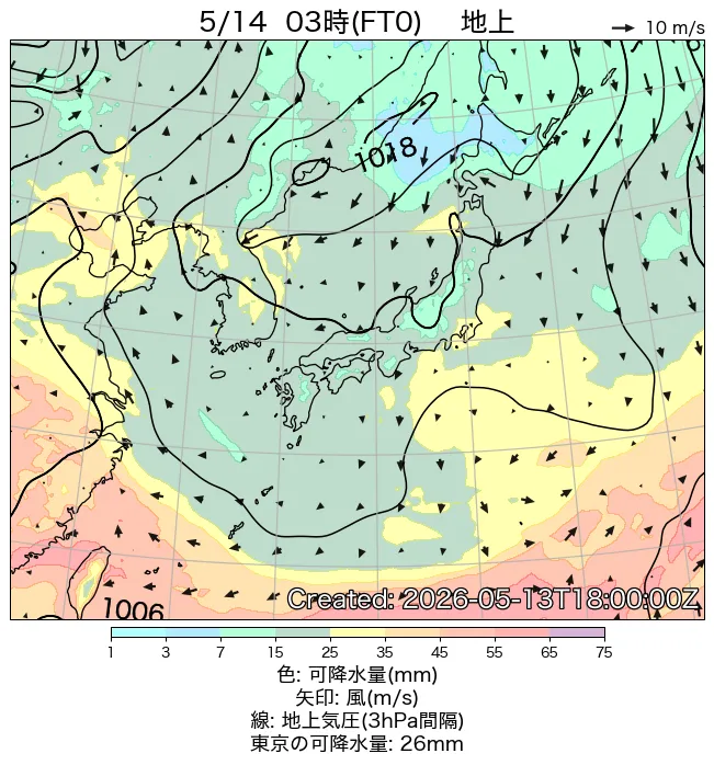 2026年5月14日の日本周辺の地上天気図（3時）