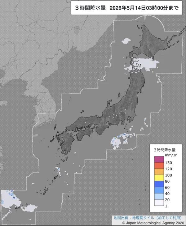 2026年5月14日0〜3時の日本周辺の3時間解析降水量