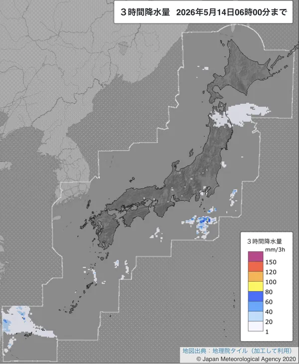 2026年5月14日3〜6時の日本周辺の3時間解析降水量