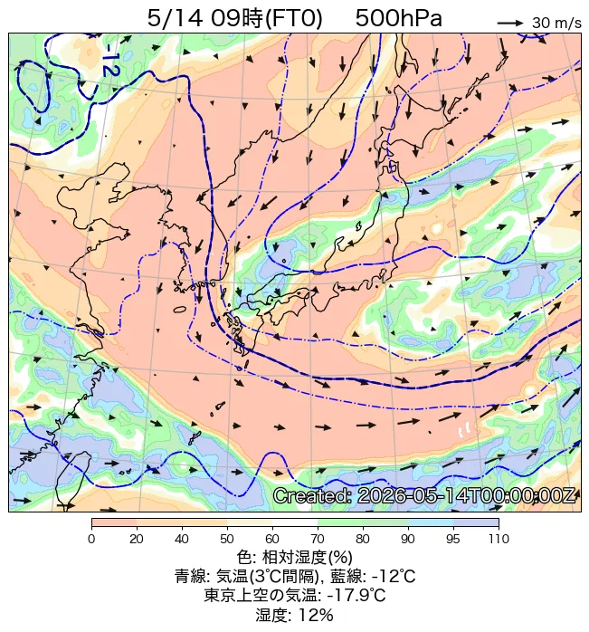 2026年5月14日の日本周辺の500hPa天気図（9時）