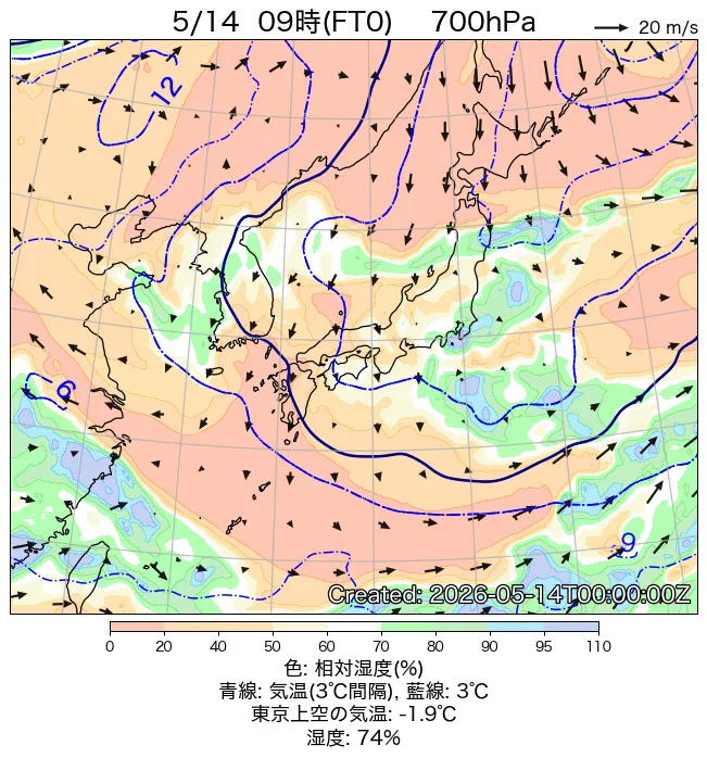 2026年5月14日の日本周辺の700hPa天気図（9時）