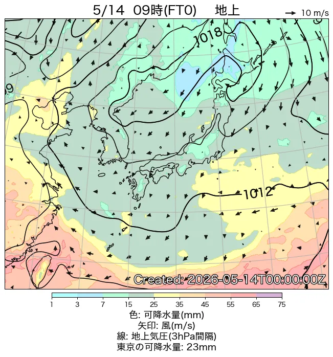 2026年5月14日の日本周辺の地上天気図（9時）
