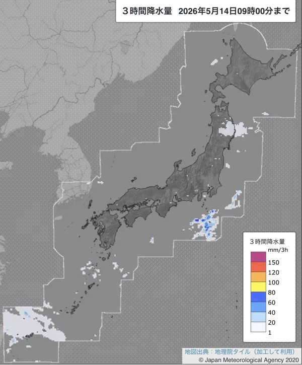 2026年5月14日6〜9時の日本周辺の3時間解析降水量