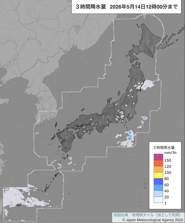 2026年5月14日9〜12時の日本周辺の3時間解析降水量