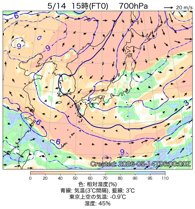 2026年5月14日の日本周辺の700hPa天気図（15時）