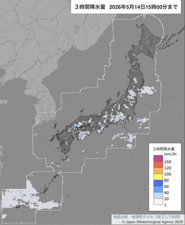 2026年5月14日12〜15時の日本周辺の3時間解析降水量