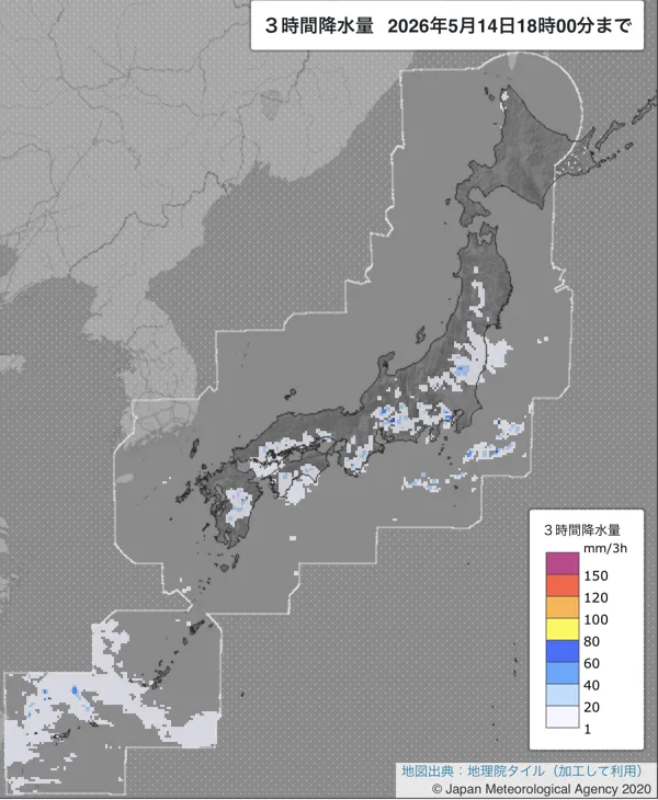 2026年5月14日15〜18時の日本周辺の3時間解析降水量