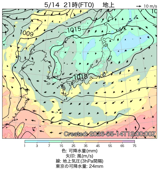 2026年5月14日の日本周辺の地上天気図（21時）