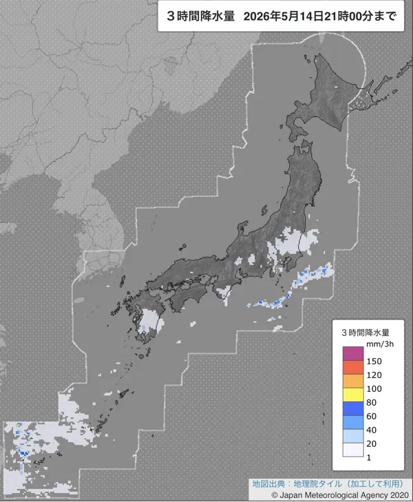 2026年5月14日18〜21時の日本周辺の3時間解析降水量