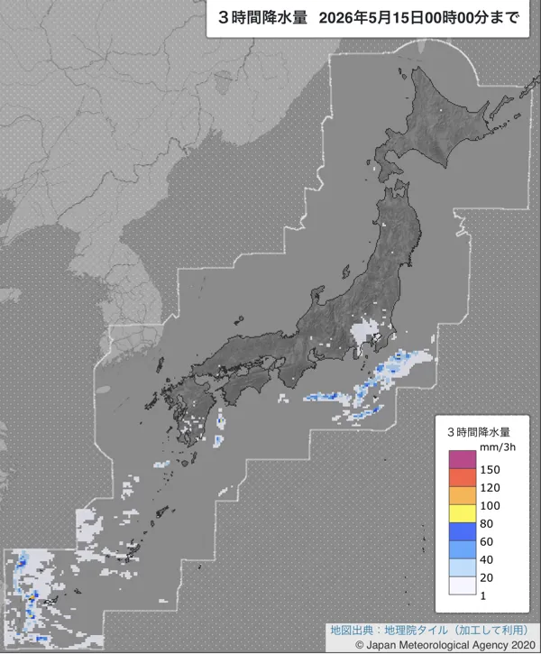 2026年5月14日21〜24時の日本周辺の3時間解析降水量