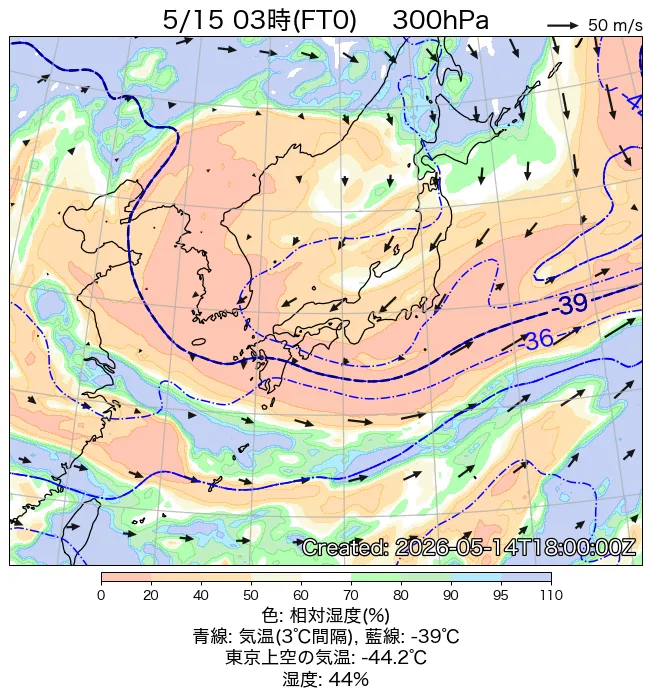 2026年5月15日の日本周辺の300hPa天気図（3時）
