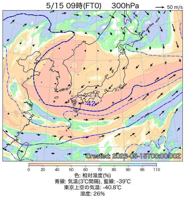 2026年5月15日の日本周辺の300hPa天気図（9時）