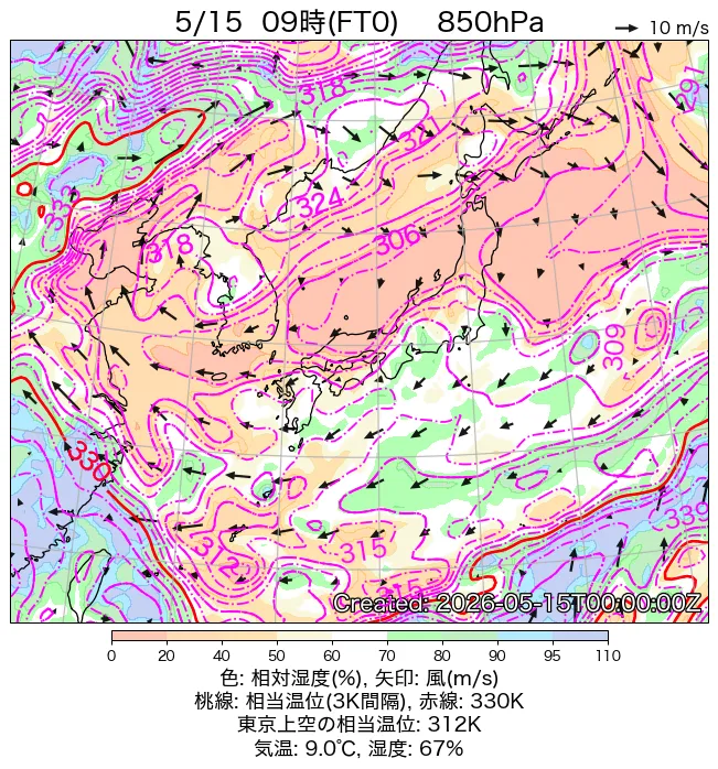 2026年5月15日の日本周辺の850hPa天気図（9時）