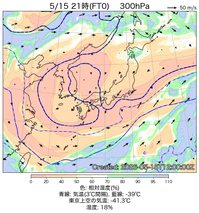 2026年5月15日の日本周辺の300hPa天気図（21時）