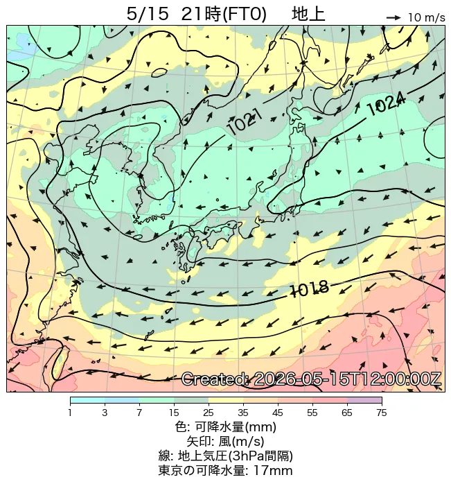2026年5月15日の日本周辺の地上天気図（21時）