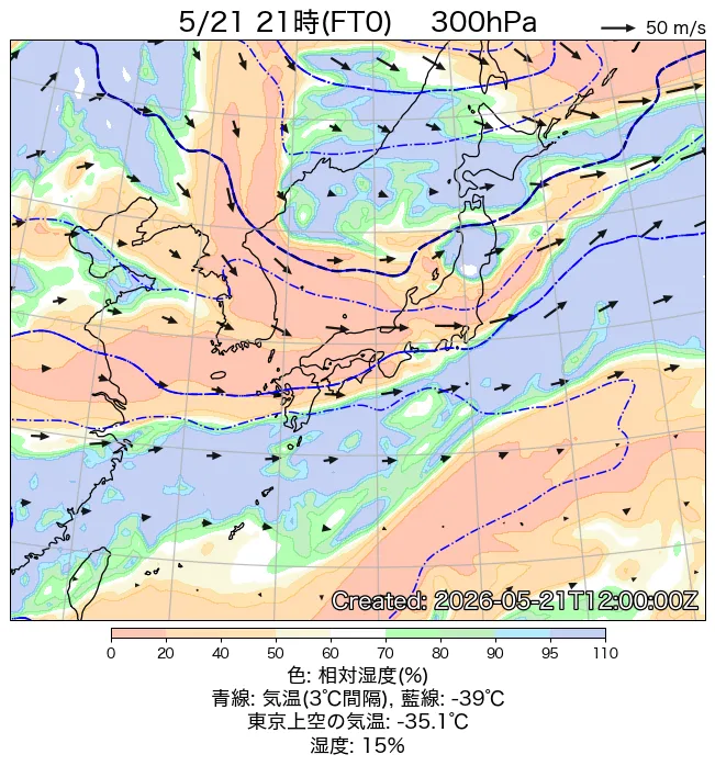 2026年5月21日の日本周辺の300hPa天気図（21時）