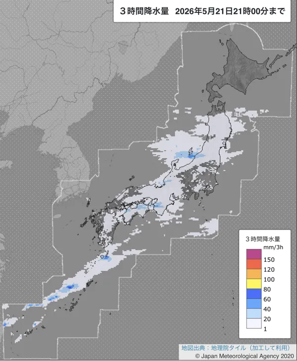2026年5月21日18〜21時の日本周辺の3時間解析降水量